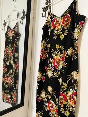 SHEIN Black Floral Maxi Slip Dress with Red & Yellow Blooms